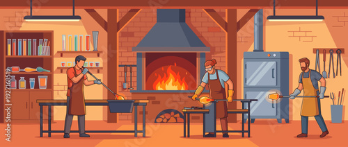 Flat Vector Illustration of a Traditional Glassblowing Workshop with Skilled Artisans Shaping Molten Glass Using Blowpipes and Specialized Tools Near a Hot Furnace in a Rustic Industrial Studio.