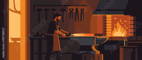 Flat vector illustration of a traditional blacksmith forging glowing hot metal on an anvil in a dark workshop with a fiery furnace, hanging tools, and warm orange lighting atmosphere.