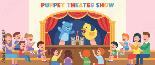 Flat vector illustration of a children's puppet theater show featuring a blue bear and yellow duck on stage with a castle prop, red curtains, and a happy audience of kids and parents clapping.