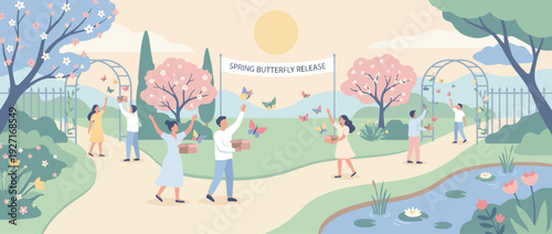 Flat vector illustration of a spring butterfly release event in a botanical garden with people releasing colorful butterflies from boxes near a pond, blooming cherry blossoms, and garden arches.