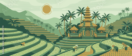 Flat vector illustration of traditional Balinese rice terraces featuring a majestic temple, palm trees, and farmers working in the fields under a bright sun, tropical landscape of Indonesia.