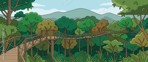 Flat vector illustration of a scenic canopy walkway in a lush tropical rainforest with dense green trees, wooden suspension bridges, platforms, and distant mountains under a clear blue sky.