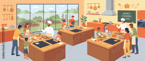 Flat Vector Illustration of a Modern Community Kitchen Hosting a Family Cooking Class with Diverse Parents and Children Learning Culinary Skills from Professional Chefs in a Warm Interior.