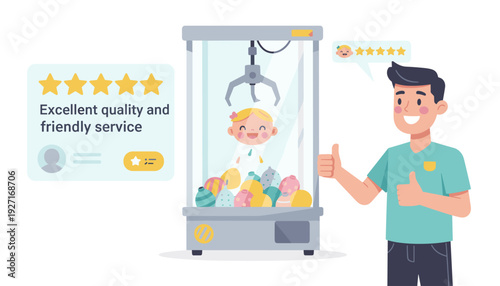 Happy Customer Giving Five Star Review for Excellent Quality and Friendly Service with Claw Machine Picking a Smiling Doll Face, Concept of User Feedback and Satisfaction Vector Illustration