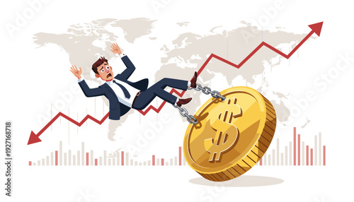 Businessman Falling Chained to a Large Gold Dollar Coin Symbolizing Financial Crisis, De-dollarization, Economic Bankruptcy, Market Volatility, and Global Currency Instability with Graph Background