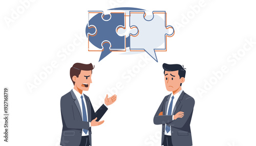 Businessmen having a failed communication with jigsaw puzzle speech bubbles that do not fit together, representing misunderstanding, disagreement, conflict, and lack of synergy in the office.