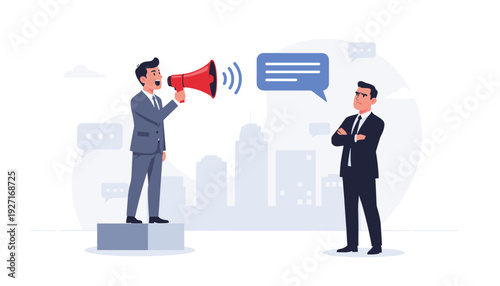 Businessman Shouting into a Megaphone at a Skeptical Manager, Freedom of Speech and Public Communication Concept, Vector Illustration of Leadership, Protest, Marketing, and Social Dialogue.