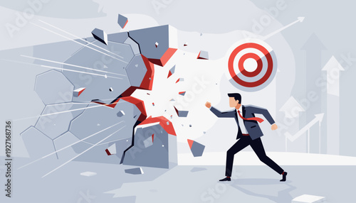 Businessman Breaking Through a Stone Wall to Reach a Target, Concept of Overcoming Obstacles, Achieving Goals, Success, Determination, and Breakthrough in Business Growth, Leadership and Ambition