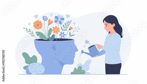 Mental health care and psychological therapy concept vector illustration with a woman watering blooming flowers growing from a human head silhouette, symbolizing self-care, growth, and wellness.