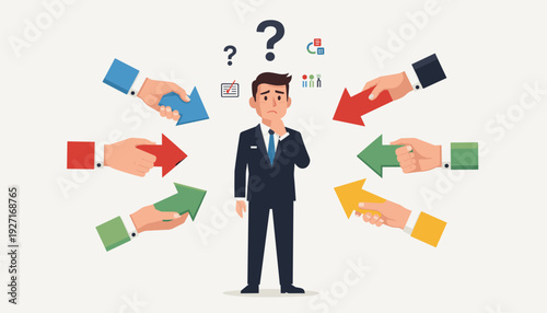 Confused Businessman Making a Difficult Choice with Multiple Hands Pointing Arrows in Different Directions, Concept of Decision Making, Career Path Uncertainty, and Business Strategy Dilemma