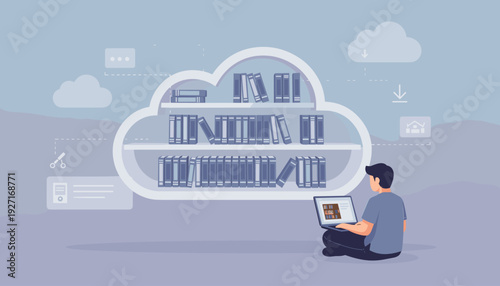 Vector illustration of a man using a laptop to access an online library and virtual bookshelf stored in the cloud. Concept for digital education, e-learning, remote study, and cloud storage.