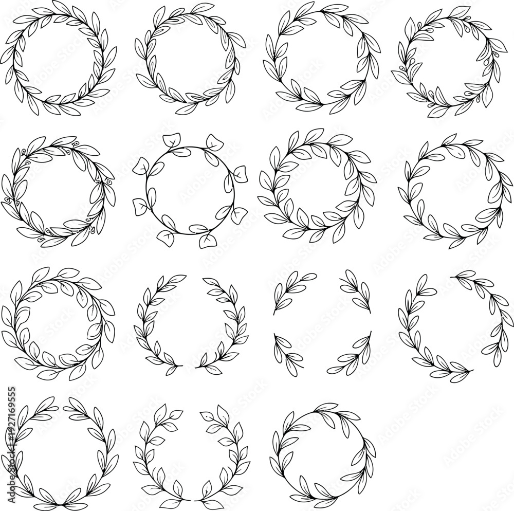 Fototapeta premium Set of 16 diverse black outline laurel wreaths and decorative leaf elements for graphic design.