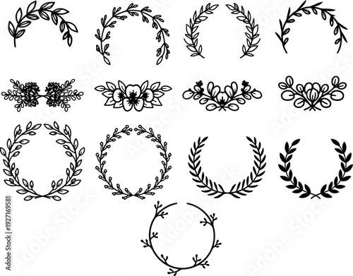 Assorted hand-drawn floral elements and wreaths, decorative botanical borders and frames for elegant design projects