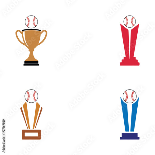 Set of baseball trophy with baseball ball vector icons featuring championship cup awards and winner silhouettes, Isolated on white background, Sports victory award icon
