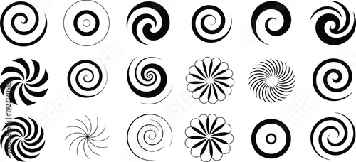 black and white spiral vortex shapes set, hypnotic swirl and sunburst geometric vector collection