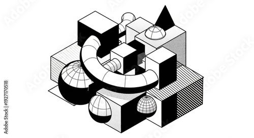 Isometric geometric shapes composition, abstract art with cubes, spheres, and arches, black and white illustration.