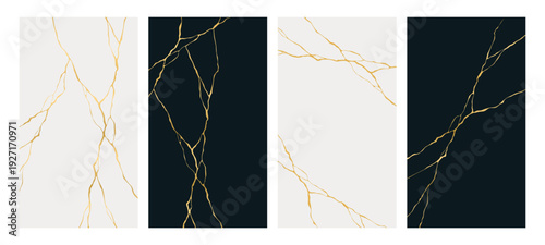 Gold kintsugi crack line art background. Japanese repair art of broken objects with a golden finish. Elegant abstract pattern for wallpaper.