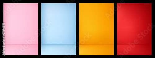 Four colorful abstract background panels in vertical strips. Empty colored studio wall with floor. Graphic render for product display.