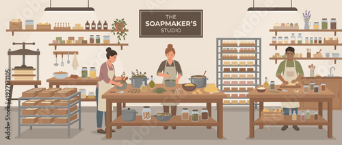 Artisans crafting handmade organic soap in a professional studio workshop with natural ingredients, herbs, and essential oils; flat vector illustration of a traditional soapmaking process.