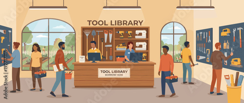 Flat vector illustration of a modern community tool library where diverse people borrow and share equipment like drills, saws, and sewing machines at a lending desk in a bright workshop space.