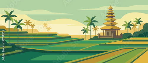 Flat Vector Illustration of Traditional Balinese Rice Terraces with a Pagoda Temple and Palm Trees in a Tropical Landscape, Scenic Indonesian Agriculture and Travel Destination Background Art