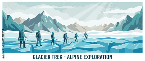 Flat Vector Illustration of a Scenic Glacier Trek with a Team of Mountaineers Roped Together for Safety While Crossing Blue Ice Crevasses in a Majestic Alpine Mountain Landscape with Sun Rays.