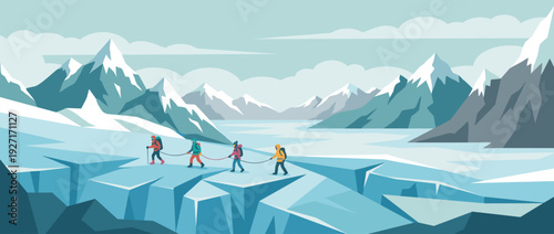 Flat vector illustration of mountaineers roped together trekking across a scenic glacier with deep blue ice crevasses, surrounded by snow-capped mountain peaks under a clear winter sky.