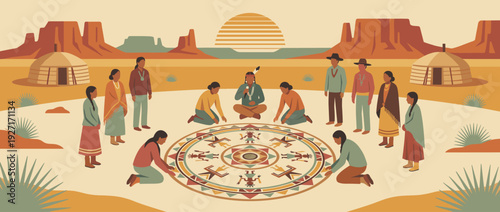 Flat vector illustration of a traditional Navajo sand painting ceremony in a desert landscape with sacred mesas, hogans, and a setting sun, depicting indigenous culture, ritual, and community.