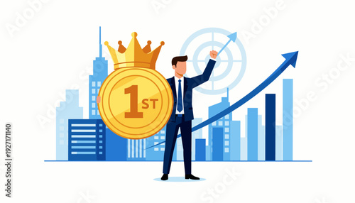 Successful businessman holding a first place gold medal with a crown, celebrating victory and achievement of business goals with a rising growth arrow graph and city skyline background.