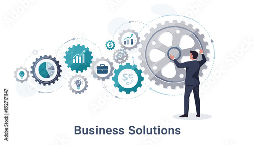 Business Process and Financial Mechanism Concept with Businessman Turning a Gear System for Optimization, Strategy, and Growth. Professional Vector Illustration for Corporate Solutions and Success.