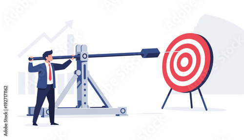 Businessman in a suit using a large catapult to aim and hit the center of a red bullseye target, representing business strategy, goal achievement, success, and precision in marketing and sales.