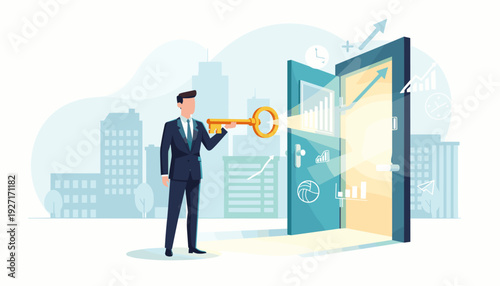 Businessman in suit holding golden key to open door of opportunity with rising growth charts and light. Concept of unlocking success, financial growth, leadership, and professional vision.