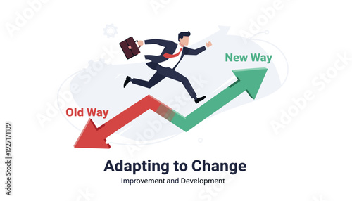 Businessman Jumping from Red Old Way Downward Arrow to Green New Way Upward Growing Arrow, Concept of Adapting to Change, Improvement, Development, Business Transformation, Innovation, Growth.