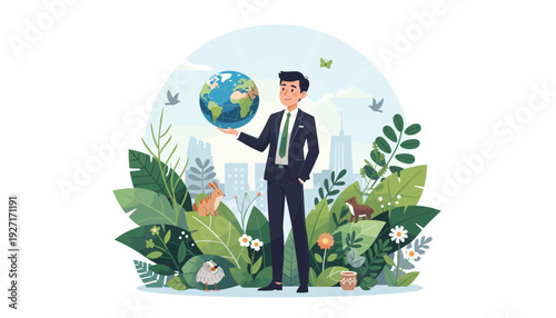 Vector Illustration of a Businessman Holding a Globe Surrounded by Lush Greenery, Flowers, and Wildlife, Representing Corporate Social Responsibility, Environmental Protection, and Sustainability.