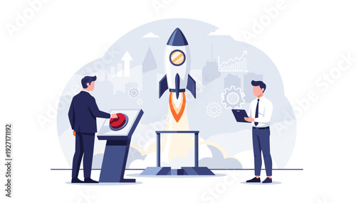 Businessman Pressing Red Button to Launch Rocket into the Sky, Business Startup Concept with Professional Employee Overseeing Successful Takeoff, Innovation and Growth Strategy Vector Illustration