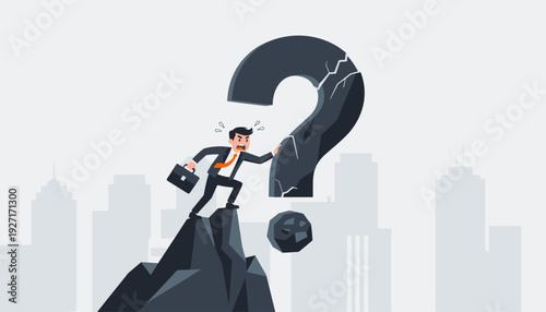 Businessman in Suit Pushing a Large Cracked Question Mark While Climbing a Steep Rock Peak, Symbolizing Business Challenges, Problem Solving, Uncertainty, and Overcoming Career Obstacles