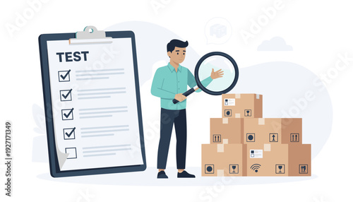 Man Inspecting Cardboard Boxes with a Magnifying Glass Next to a Large Test Checklist. Concept of Product Quality Control, Warehouse Inspection, Logistics Management, and Supply Chain Audit.