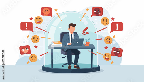 Businessman working on laptop inside a protective glass dome shield while being surrounded by angry emojis and negative feedback bubbles, concept of managing pressure and handling bad customer