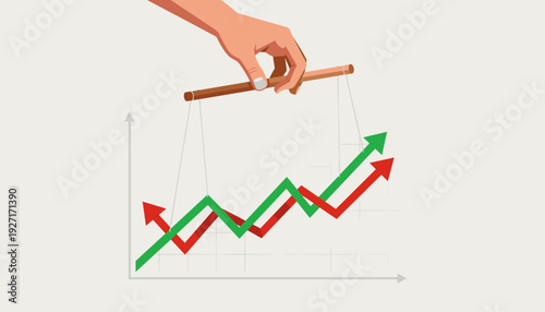 Vector illustration of a hand manipulating financial market charts like a puppet, symbolizing stock price control, economic fraud, artificial growth, and data manipulation in business.