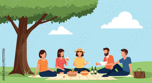 Group of friends having a picnic under a tree outdoors