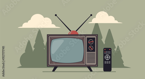Vintage television set with remote control outdoors in nature scene