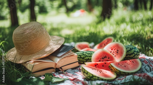A summer picnic scene with watermelon slices, a book, and a straw hat on a blanket in a grassy field.