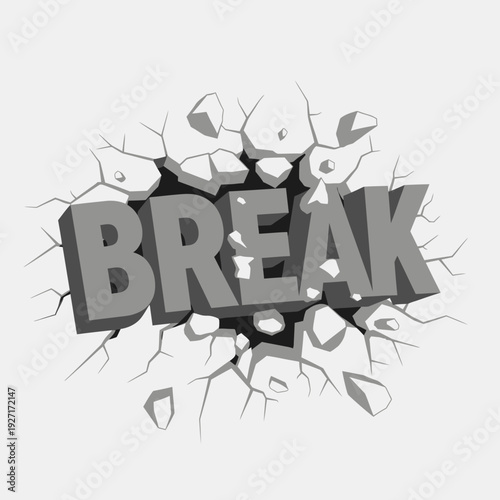 3D Break Text Cracking Through Wall, Explosive Impact, Destruction Concept