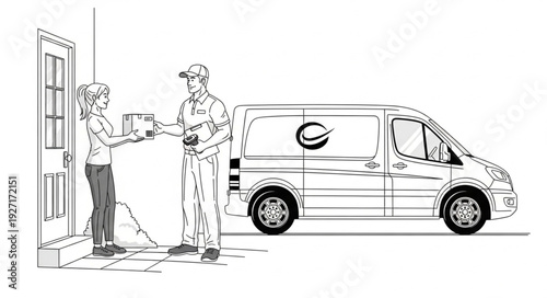 Delivery person hands package to a woman standing at the door of her house.