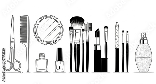 Collection of beauty and makeup tools, essential for cosmetic application and styling.