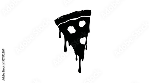 A black and white pizza slice, with melting cheese, on a white background
