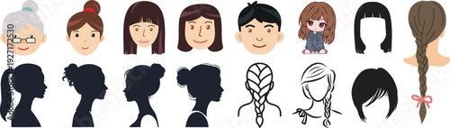 A collection of cartoon hairstyles and characters