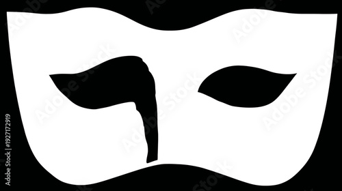 A white masquerade mask with black eye and partial face shapes on a black background