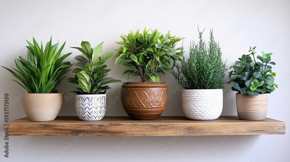 Fototapeta premium Indoor garden with lush green plants in pots on shelves, illuminated by warm lighting, creating a serene atmosphere.
