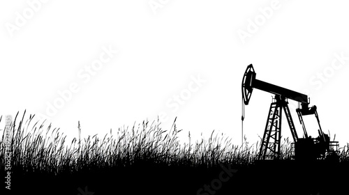 A silhouette of an oil pump jack on a field, grass swaying in wind, all against a white sky